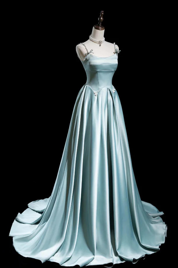 Wholesale Cute Satin Long A-Line Prom Dress Ice Blue Spaghetti Straps Evening Dress